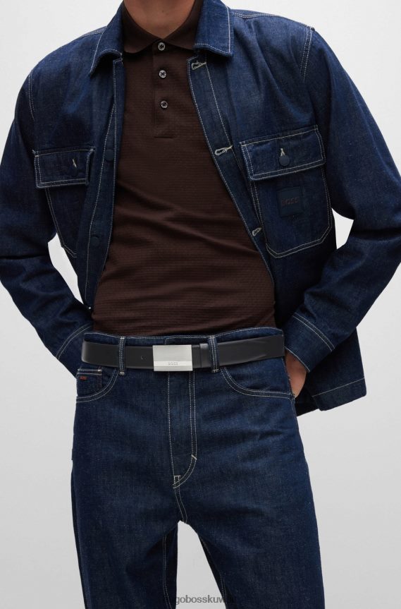 4TFNJN5181 أسود Hugo Boss حزام من الجلد الإيطالي مع إبزيم من البلاك محفور عليه الشعار باللون الأسود هوغو