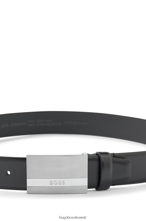 4TFNJN5181 أسود Hugo Boss حزام من الجلد الإيطالي مع إبزيم من البلاك محفور عليه الشعار باللون الأسود هوغو