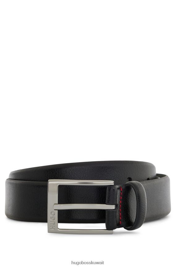 4TFNJN5197 أسود Hugo Boss حزام هوغو من الجلد المحبب باللون الأسود مع إبزيم محفور عليه الشعار