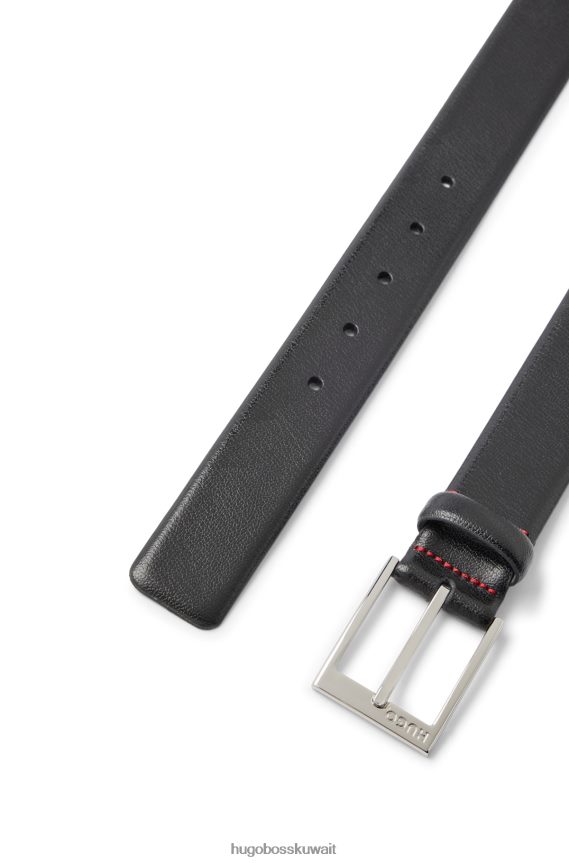 4TFNJN5197 أسود Hugo Boss حزام هوغو من الجلد المحبب باللون الأسود مع إبزيم محفور عليه الشعار
