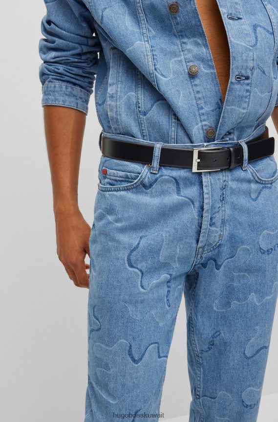 4TFNJN5197 أسود Hugo Boss حزام هوغو من الجلد المحبب باللون الأسود مع إبزيم محفور عليه الشعار