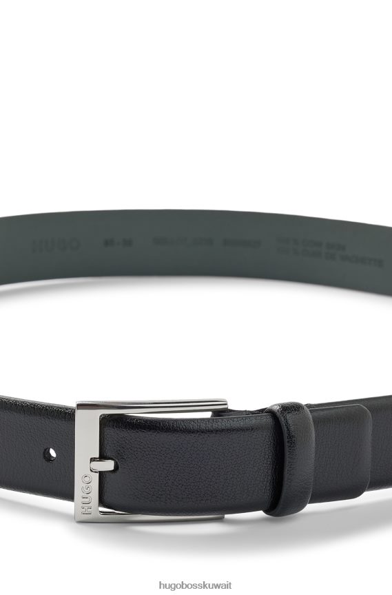 4TFNJN5197 أسود Hugo Boss حزام هوغو من الجلد المحبب باللون الأسود مع إبزيم محفور عليه الشعار