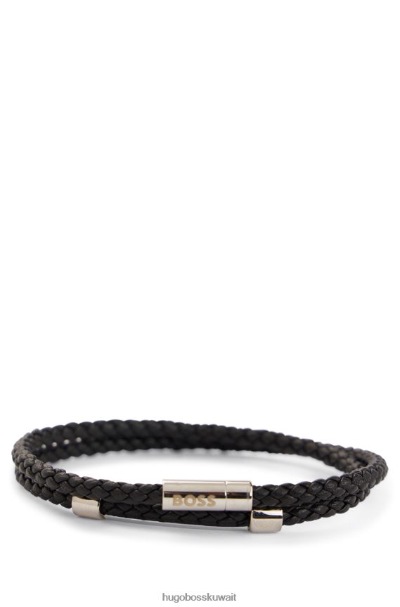 4TFNJN5199 أسود Hugo Boss سوار جلدي مزدوج مضفر مع شعار مغناطيسي للإغلاق باللون الأسود