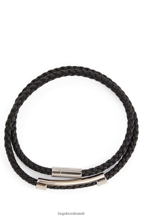 4TFNJN5199 أسود Hugo Boss سوار جلدي مزدوج مضفر مع شعار مغناطيسي للإغلاق باللون الأسود
