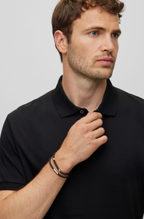 4TFNJN5199 أسود Hugo Boss سوار جلدي مزدوج مضفر مع شعار مغناطيسي للإغلاق باللون الأسود