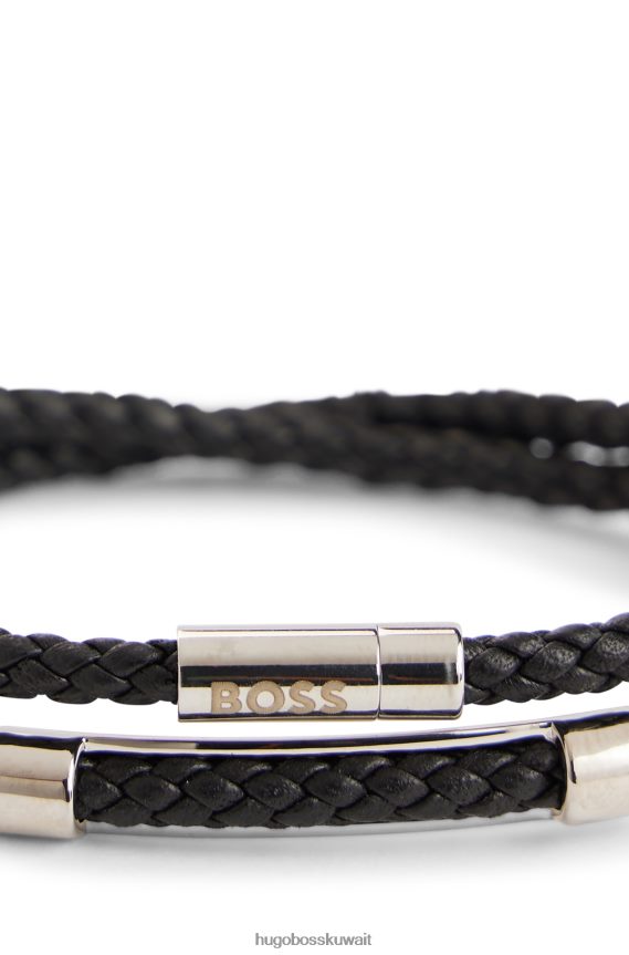 4TFNJN5199 أسود Hugo Boss سوار جلدي مزدوج مضفر مع شعار مغناطيسي للإغلاق باللون الأسود