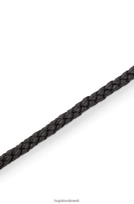 4TFNJN5199 أسود Hugo Boss سوار جلدي مزدوج مضفر مع شعار مغناطيسي للإغلاق باللون الأسود