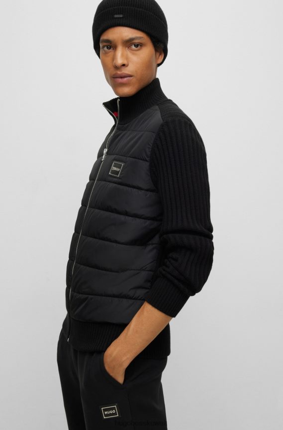 4TFNJN5206 أسود Hugo Boss قبعة صغيرة مضلعة سوداء من الكشمير المسؤول مع شارة شعار هوغو