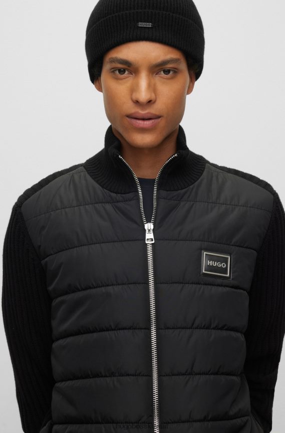 4TFNJN5206 أسود Hugo Boss قبعة صغيرة مضلعة سوداء من الكشمير المسؤول مع شارة شعار هوغو