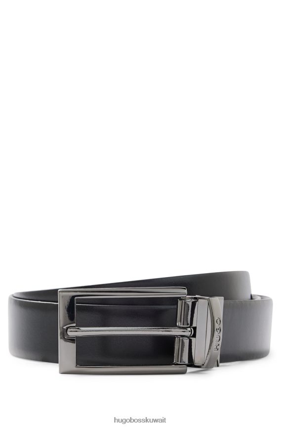 4TFNJN5207 أسود Hugo Boss حزام جلدي ذو وجهين مع أجزاء معدنية مصقولة بلون أسود هوغو