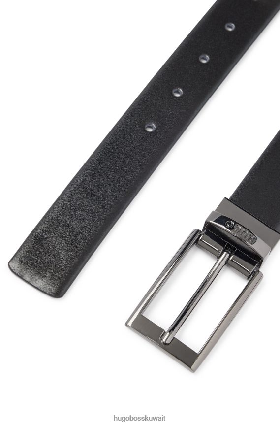 4TFNJN5207 أسود Hugo Boss حزام جلدي ذو وجهين مع أجزاء معدنية مصقولة بلون أسود هوغو