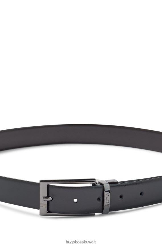 4TFNJN5207 أسود Hugo Boss حزام جلدي ذو وجهين مع أجزاء معدنية مصقولة بلون أسود هوغو