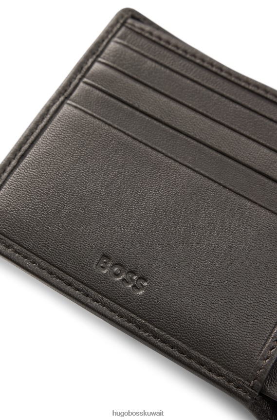 4TFNJN5212 بني غامق Hugo Boss محفظة قابلة للطي من الجلد المحبب مع شعارات emed
