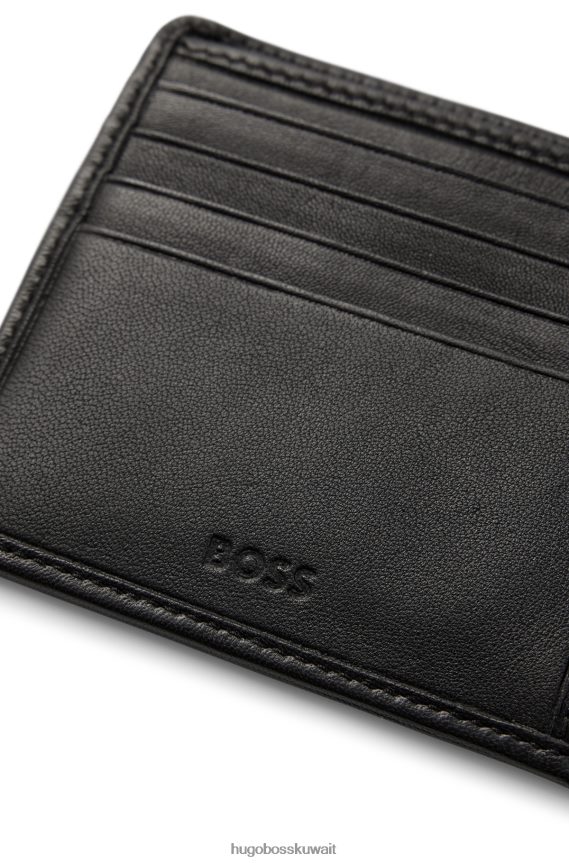 4TFNJN5213 أسود Hugo Boss محفظة قابلة للطي من الجلد المحبب مع شعارات emed