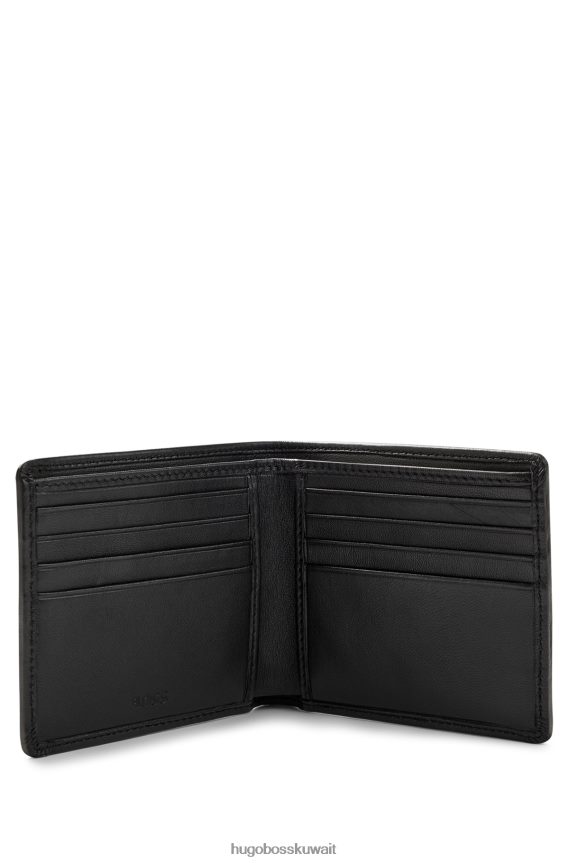 4TFNJN5213 أسود Hugo Boss محفظة قابلة للطي من الجلد المحبب مع شعارات emed