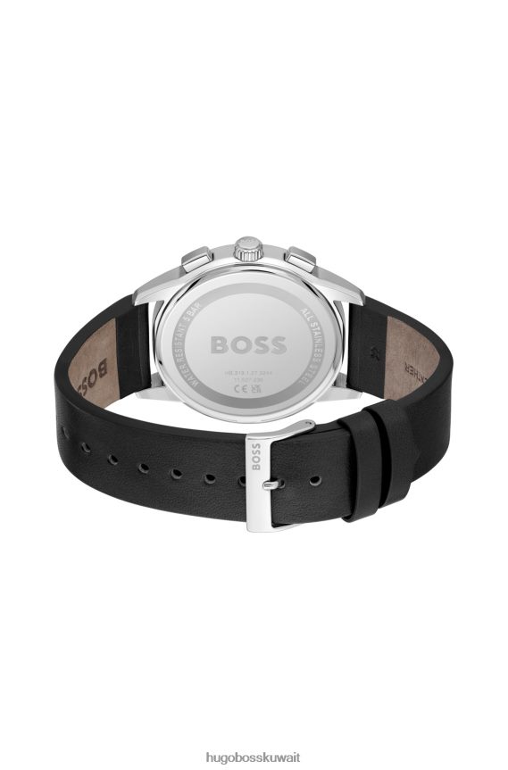 4TFNJN5214 حزمة مسبقة متنوعة Hugo Boss ساعة كرونوغراف متنوعة بمينا أسود وحزام جلدي أسود