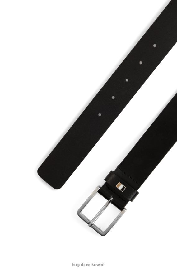 4TFNJN5215 أسود Hugo Boss حزام من الجلد الإيطالي مع أجزاء معدنية بشريط مميز باللون الأسود