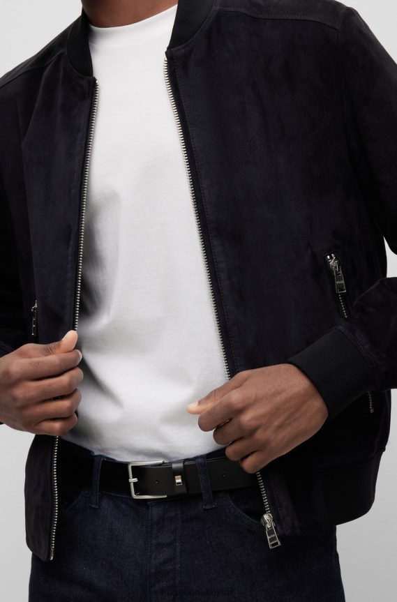 4TFNJN5215 أسود Hugo Boss حزام من الجلد الإيطالي مع أجزاء معدنية بشريط مميز باللون الأسود