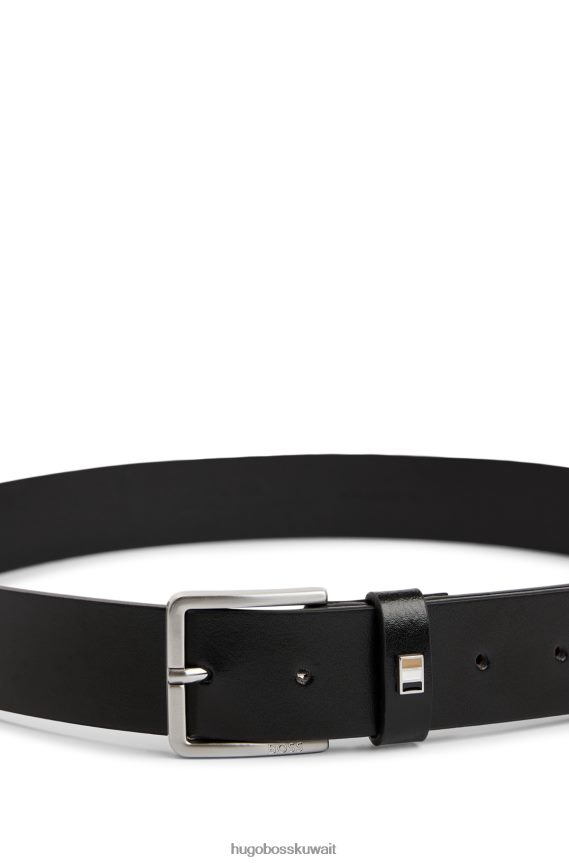 4TFNJN5215 أسود Hugo Boss حزام من الجلد الإيطالي مع أجزاء معدنية بشريط مميز باللون الأسود