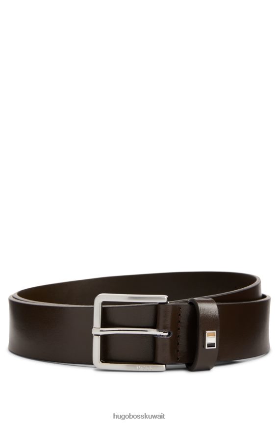4TFNJN5216 بني غامق Hugo Boss حزام هوغو من الجلد الإيطالي باللون البني الداكن مع أجزاء معدنية مخططة مميزة