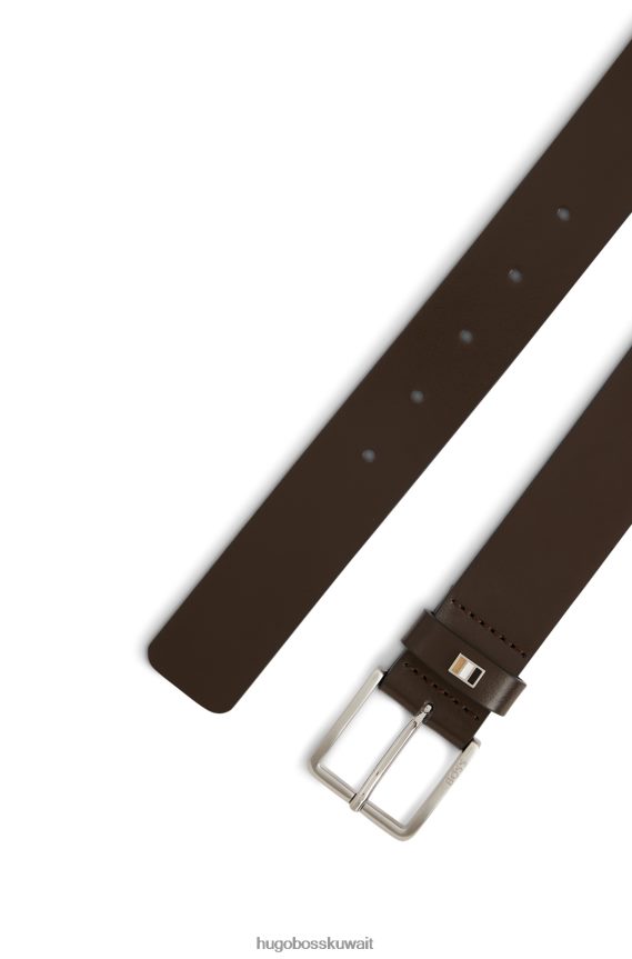 4TFNJN5216 بني غامق Hugo Boss حزام هوغو من الجلد الإيطالي باللون البني الداكن مع أجزاء معدنية مخططة مميزة