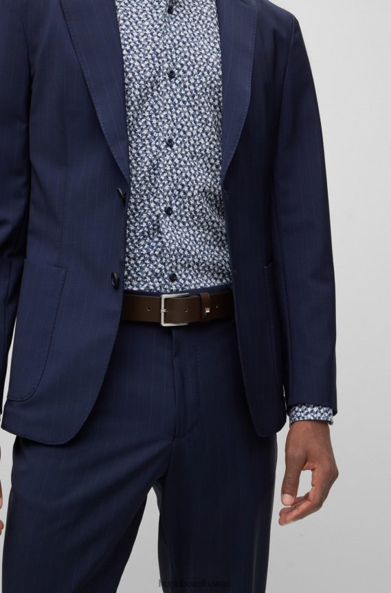 4TFNJN5216 بني غامق Hugo Boss حزام هوغو من الجلد الإيطالي باللون البني الداكن مع أجزاء معدنية مخططة مميزة