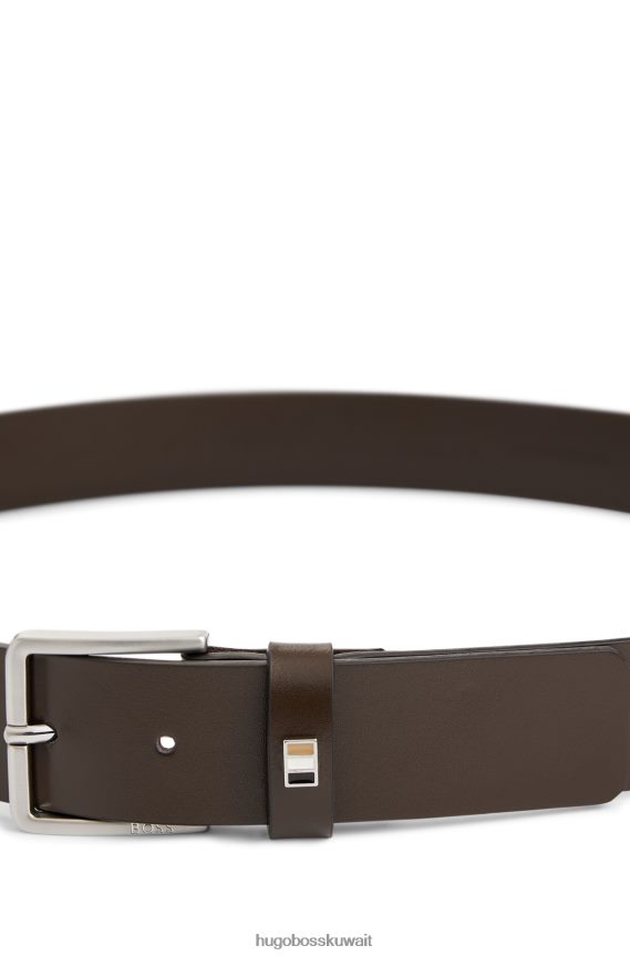 4TFNJN5216 بني غامق Hugo Boss حزام هوغو من الجلد الإيطالي باللون البني الداكن مع أجزاء معدنية مخططة مميزة