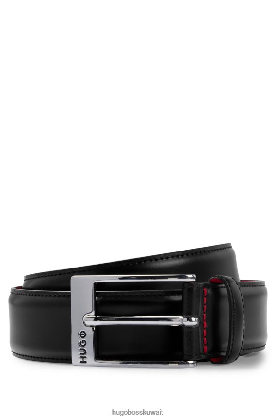 4TFNJN5217 أسود Hugo Boss حزام هوغو من جلد العجل باللون الأسود مع إبزيم فضي مصقول