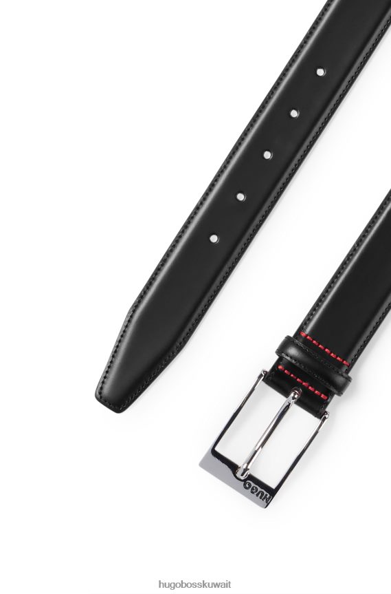 4TFNJN5217 أسود Hugo Boss حزام هوغو من جلد العجل باللون الأسود مع إبزيم فضي مصقول