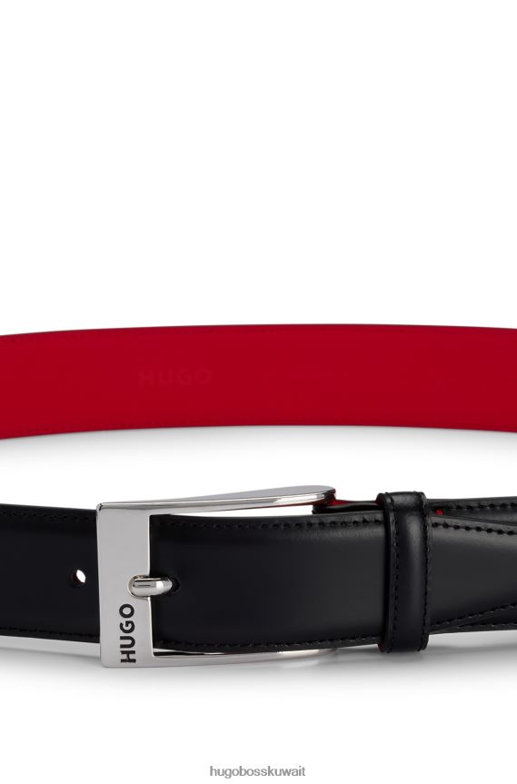 4TFNJN5217 أسود Hugo Boss حزام هوغو من جلد العجل باللون الأسود مع إبزيم فضي مصقول
