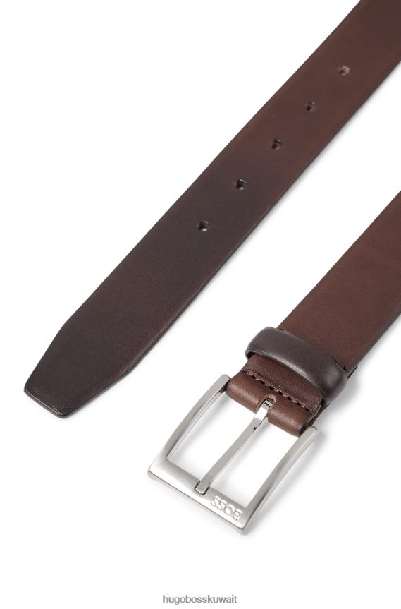 4TFNJN5221 بني غامق Hugo Boss حزام من الجلد الإيطالي بإبزيم فضي اللون هوغو بني داكن