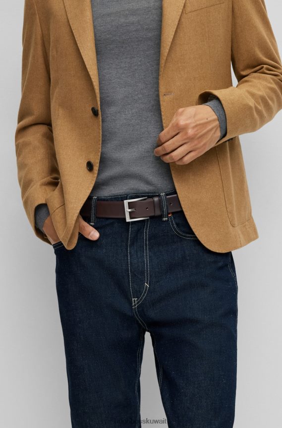 4TFNJN5221 بني غامق Hugo Boss حزام من الجلد الإيطالي بإبزيم فضي اللون هوغو بني داكن