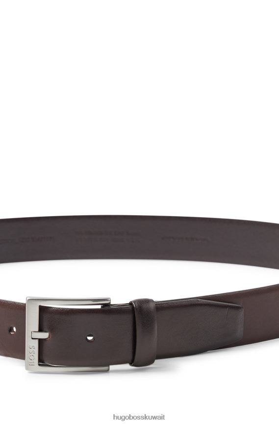 4TFNJN5221 بني غامق Hugo Boss حزام من الجلد الإيطالي بإبزيم فضي اللون هوغو بني داكن
