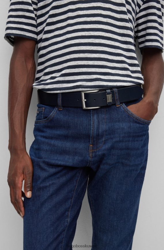 4TFNJN5227 أزرق غامق Hugo Boss حزام من الجلد الإيطالي باللون الأزرق الداكن مع زخرفة معدنية تحمل علامة هوغو