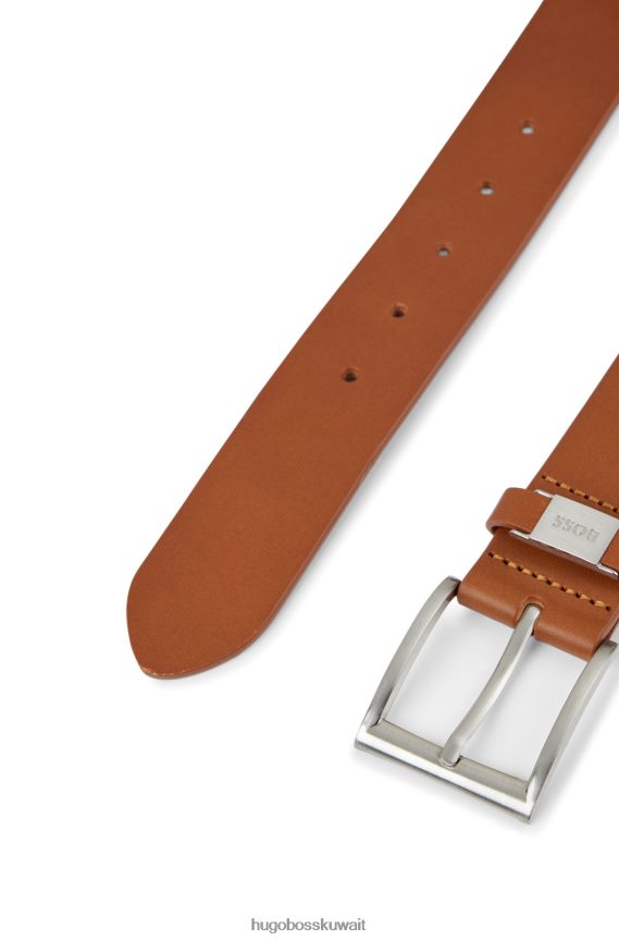 4TFNJN5228 بني Hugo Boss حزام من الجلد الإيطالي مع زخرفة معدنية ذات علامة تجارية باللون البني