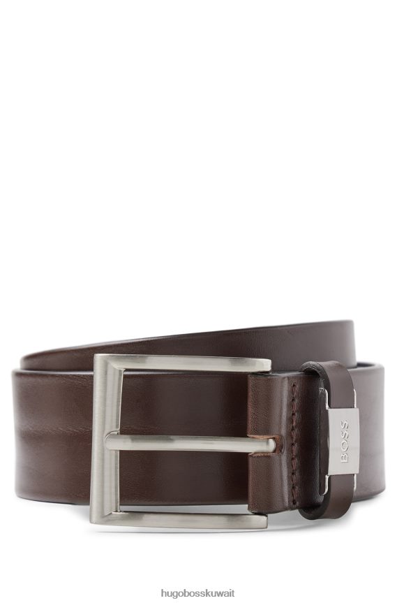 4TFNJN5229 بني غامق Hugo Boss حزام هوغو من الجلد الإيطالي باللون البني الداكن مع زخرفة معدنية تحمل العلامة التجارية