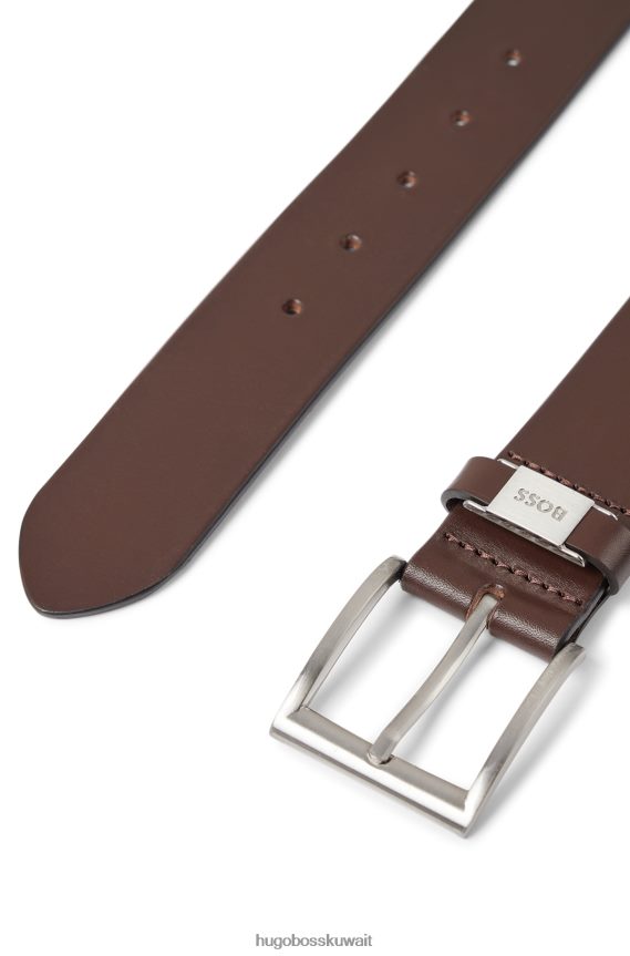 4TFNJN5229 بني غامق Hugo Boss حزام هوغو من الجلد الإيطالي باللون البني الداكن مع زخرفة معدنية تحمل العلامة التجارية