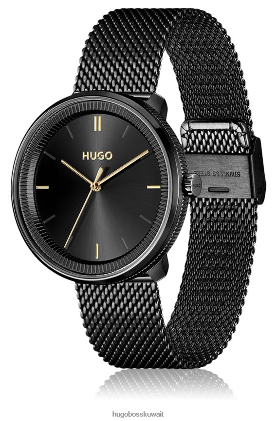 4TFNJN5230 حزمة مسبقة متنوعة Hugo Boss ساعة هوغو المتنوعة ذات القرص الأسود مع حزام جلدي وسوار شبكي