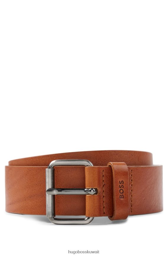 4TFNJN5233 بني Hugo Boss حزام من الجلد الإيطالي باللون البني مع أجزاء معدنية من هوغو بتأثير معدني