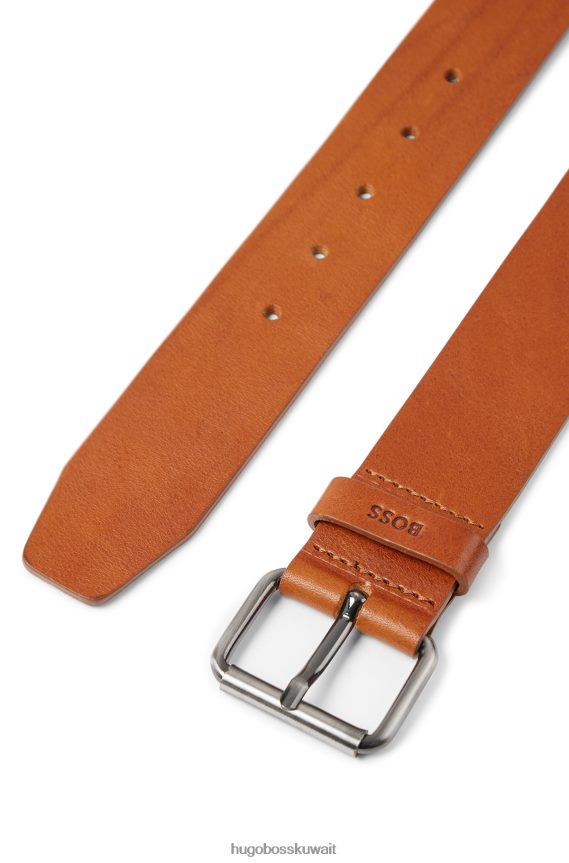 4TFNJN5233 بني Hugo Boss حزام من الجلد الإيطالي باللون البني مع أجزاء معدنية من هوغو بتأثير معدني