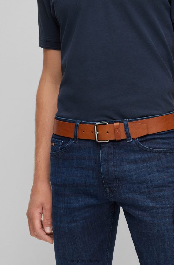 4TFNJN5233 بني Hugo Boss حزام من الجلد الإيطالي باللون البني مع أجزاء معدنية من هوغو بتأثير معدني