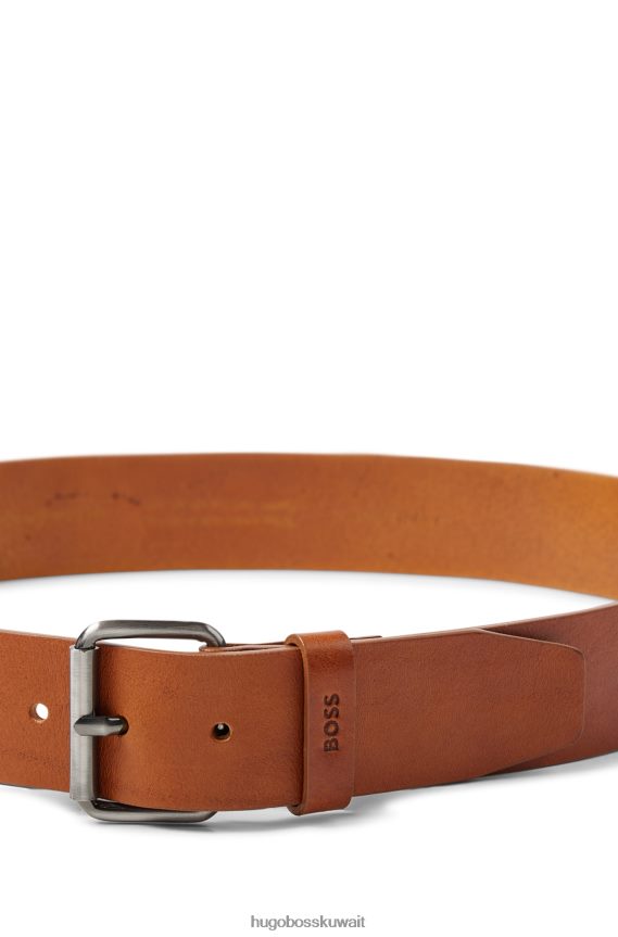 4TFNJN5233 بني Hugo Boss حزام من الجلد الإيطالي باللون البني مع أجزاء معدنية من هوغو بتأثير معدني