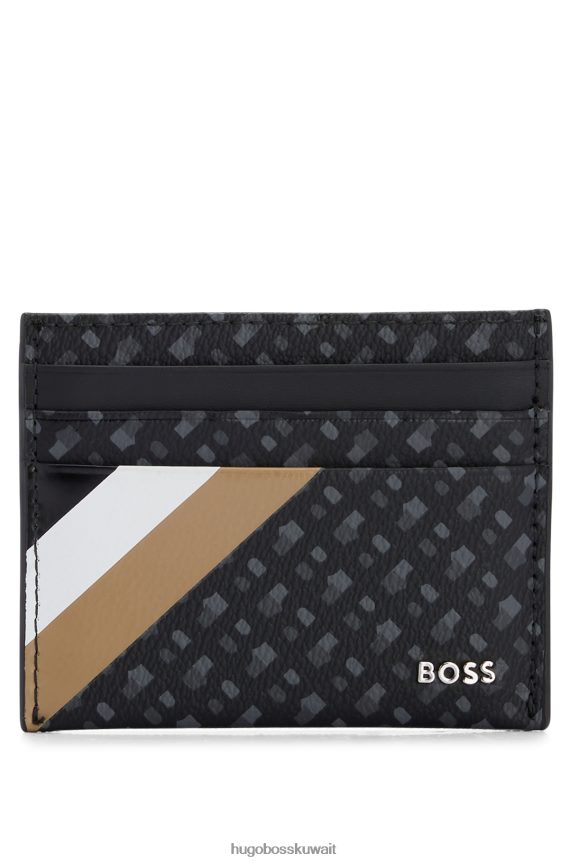 4TFNJN5242 أسود Hugo Boss حامل بطاقات أسود من القماش الإيطالي بطبعة المونوغرام مع شريط هوغو