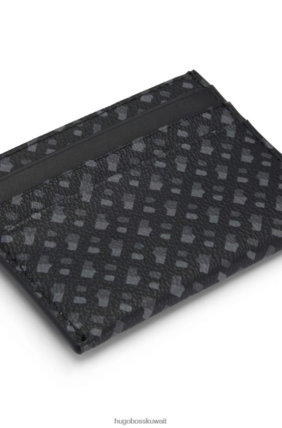 4TFNJN5242 أسود Hugo Boss حامل بطاقات أسود من القماش الإيطالي بطبعة المونوغرام مع شريط هوغو