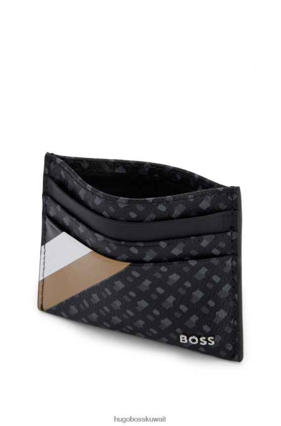4TFNJN5242 أسود Hugo Boss حامل بطاقات أسود من القماش الإيطالي بطبعة المونوغرام مع شريط هوغو