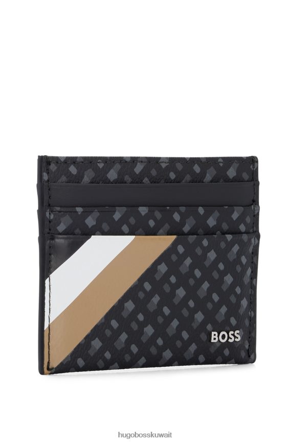 4TFNJN5242 أسود Hugo Boss حامل بطاقات أسود من القماش الإيطالي بطبعة المونوغرام مع شريط هوغو