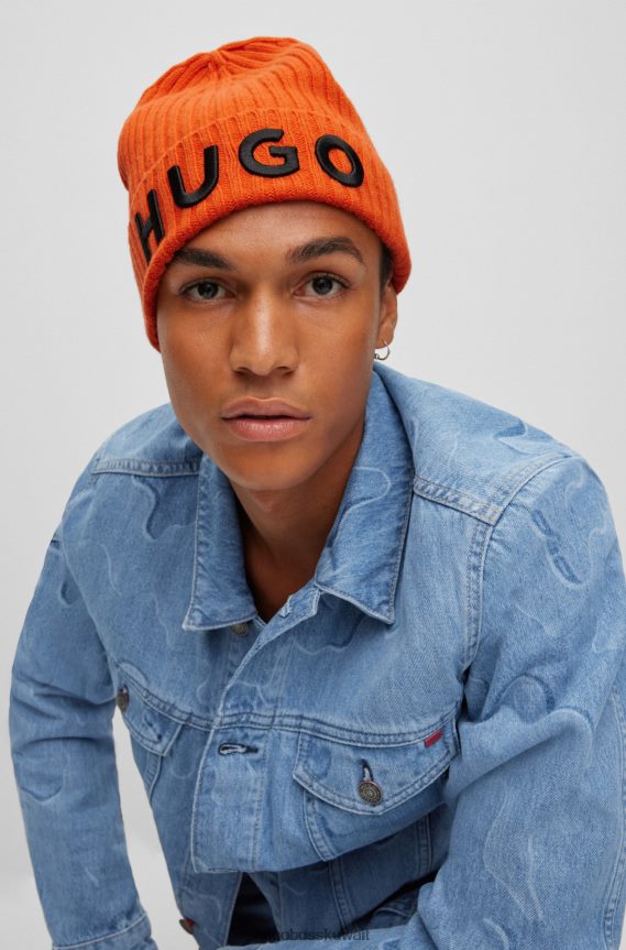 4TFNJN5243 برتقالي قاتم Hugo Boss قبعة صغيرة للجنسين من الصوف البكر مع شعار هوغو مطرز باللون البرتقالي الداكن