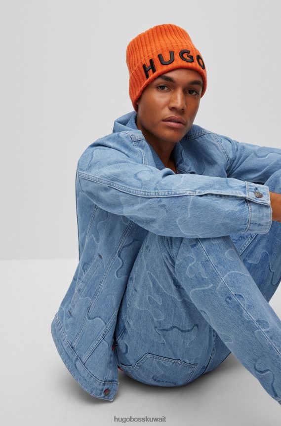 4TFNJN5243 برتقالي قاتم Hugo Boss قبعة صغيرة للجنسين من الصوف البكر مع شعار هوغو مطرز باللون البرتقالي الداكن