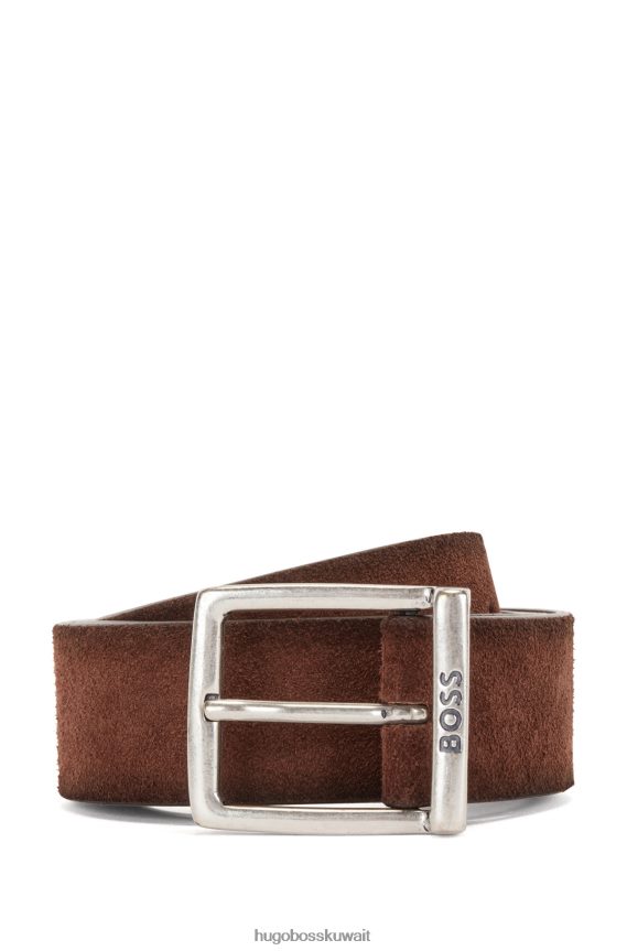 4TFNJN5246 بني غامق Hugo Boss حزام هوغو من جلد الغزال بإبزيم مربع وشعار محفور باللون البني الداكن