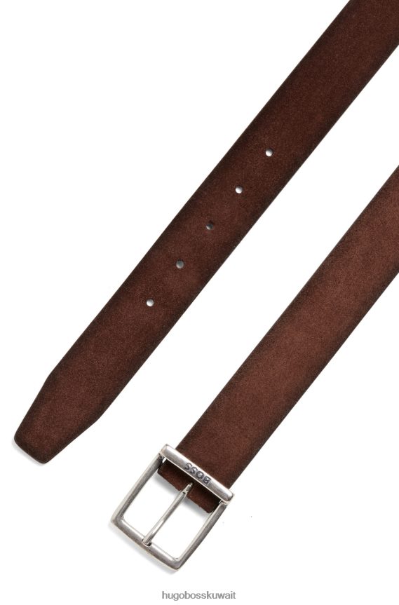 4TFNJN5246 بني غامق Hugo Boss حزام هوغو من جلد الغزال بإبزيم مربع وشعار محفور باللون البني الداكن